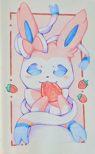 Traditional art of Sylveon standing up, holding a big strawberry and biting into it, drawn with coloured pencils. The background has three small strawberries and some red dots and lines framing a light red rectangle.