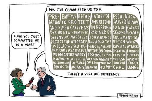 journalist asking a politician 'have you signed us up to a war', politician gives long winded 'preemptive strike for defence' answer, their speech is contained in the shape of the letters W A R