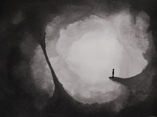 A painting of a dark tunnel with a white light at the end and a small person as a siluette. 