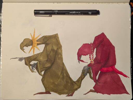A drawing (in pencil crayon, alcohol marker, and fine-tipped pen) of two vulture-shaped bipedal beings of onyx skin. The one in front (left) is cloaked in green, the other, following behind (right), is cloaked in red. The one in green has a golden spiky sun collar. The one in red has a red beaded necklace with a large red orb with gold highlights. They are moving leftwards. The one in green is pointing left with motion in that direction. The one in red is carrying the trailing cloak of the one in green. Their beaked visages are obscured by the cloth of their robes. Their posture is dramatically stooped under the weight of their neck encumberances. Their feet are bent in motion. The wind blows their robes rightwards. They are tatered from wear and travel.