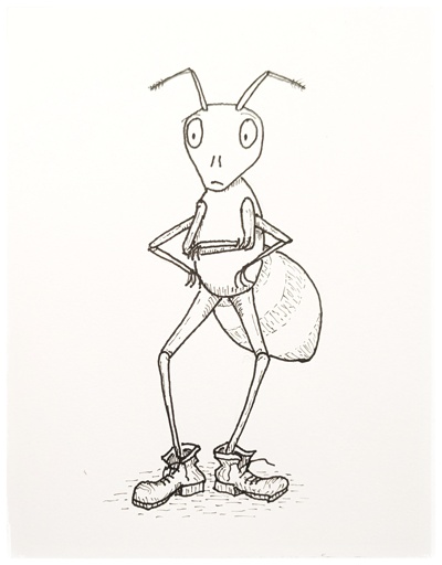 Line drawing of a cartoon ant, standing upright. Its first pair of arms is crossed, the second pair has its hands on its hips. It has a somewhat anxious or worried expression. And it is wearing a pair of well-worn work boots.
