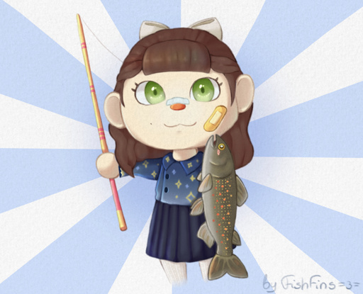 Art depicting an Animal Crossing human player holding a fishing rod with pink stripes in their right hand and showing off a char fish in the right hand. The character has big green eyes and bandages on their face. Their hair is brown and wavy, adorned with a creamy-white bow at the top of the back. They are smiling at the viewer. The background is white and blue in a sun ray pattern. The whole picture has a paper texture.