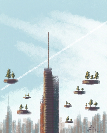 Digital painting of a skycraper surrounded by floating islands of trees.